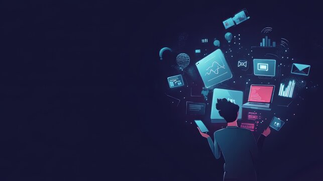 Businessman holding laptop with multiple digital devices and social media icons floating around, representing online marketing or technology concept.