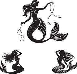 Mermaids Black and white silhouette in a vector farm  