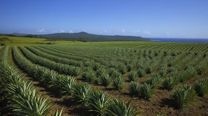 A scenic view of a pineapple plantation with rows of plants under a clear blue sky.