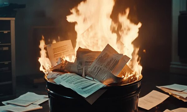 A burning trash can filled with papers, symbolizing waste or destruction of documents.