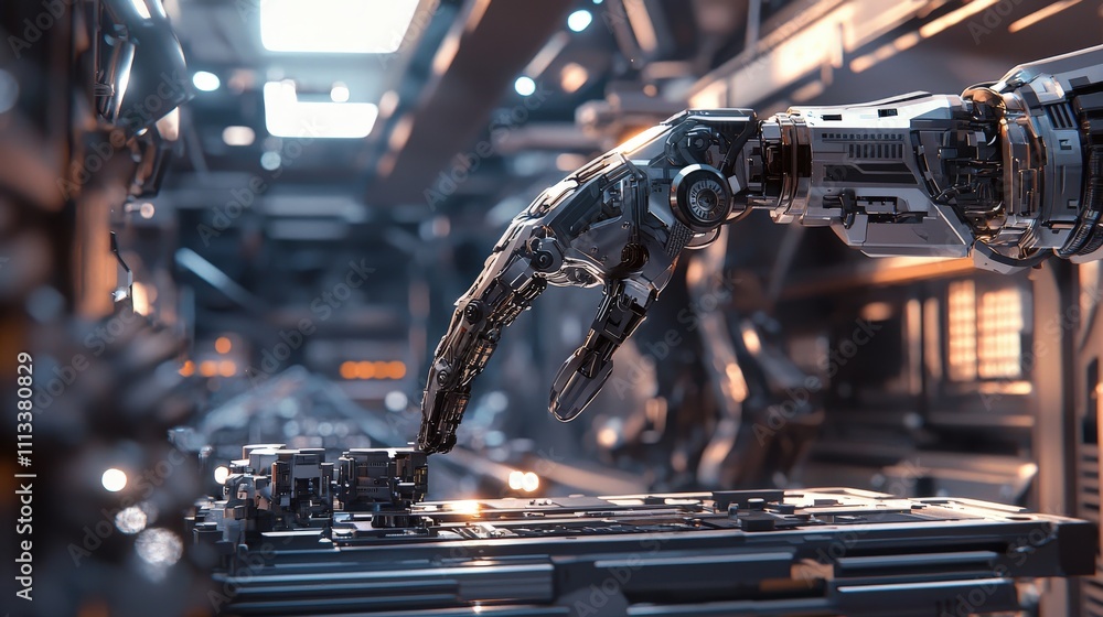 Poster Automation technology robotic arm assembling precision components in a high-tech factory environment