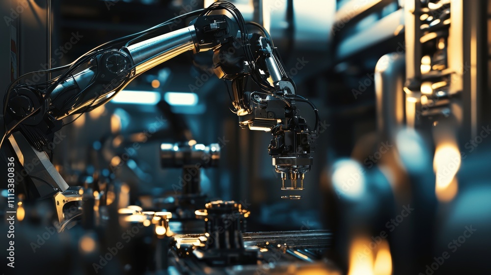 Poster Robotic arm assembling precision components in high-tech factory industrial environment close-up view future technology