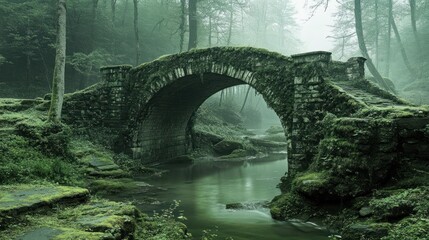 Fototapeta premium Ancient Stone Bridge Over Mossy Forest Stream