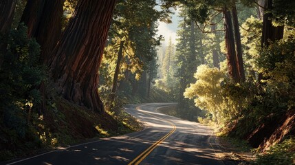 Obraz premium Winding highway through majestic redwood forest scenic nature landscape california tranquil environment captivating viewpoint