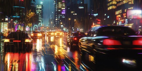 Obraz premium Dynamic nighttime city traffic in urban landscape light trails rainy environment vibrant cityscape perspective