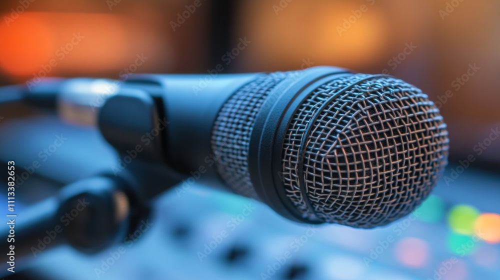 Poster close-up of a microphone on a sound mixing board, used for recording or broadcasting audio.