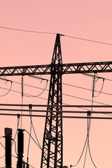 electricity, transforming, electric, transmission, station, transformer, high voltage, power, sky, danger, cable, equipment, energy, high, industry, voltage, wire, line, 
