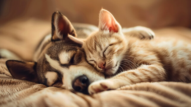 Cat and Dog Sleeping Together: A kitten and puppy sleeping together, emphasizing love and friendship among domestic pets.