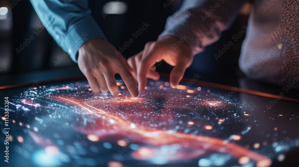 Poster hands interact with a digital touchscreen map showcasing city layout and data at a tech event