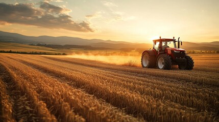 Fototapeta premium Red tractor driving through vast golden wheat field at sunset with mountains in background, conveying peacefulness and serenity