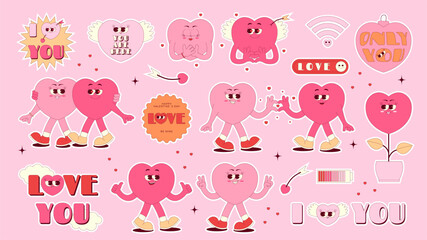 Retro groovy stickers set for Happy Valentines Day. Lovely and funny heart characters in trendy retro 70s 80s style. Love elements on pink background