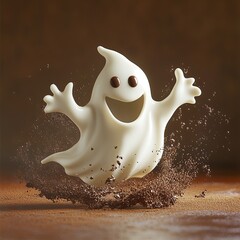 A white chocolate ghost with chocolate sprinkles jumping on a brown background.