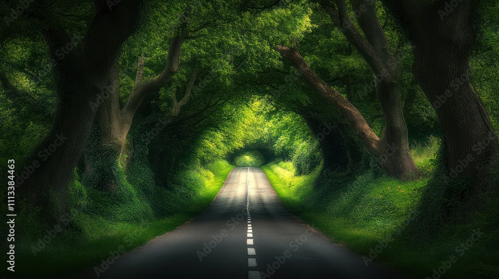Poster serene tree-lined road creating a natural tunnel effect