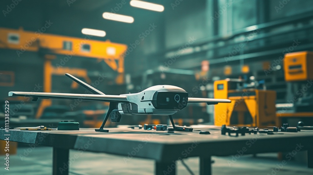 Poster A drone displayed on a workbench in a workshop, surrounded by tools and components.