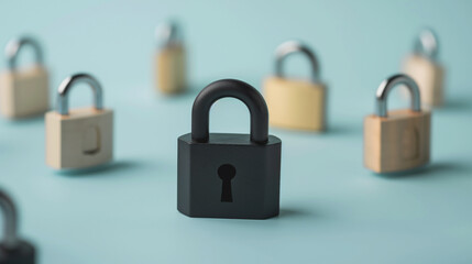 Naklejka premium Black padlock surrounded by blurred locks on light blue background, symbolizing security and protection
