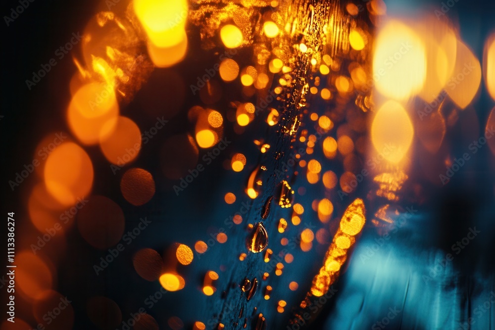 Poster abstract image of water droplets on a dark surface with bokeh lights.