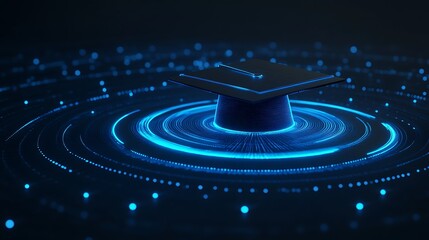 Obraz premium Graduation cap on digital glowing platform.
