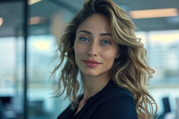 Fototapeta premium Beautiful business lady is looking at camera and smiling while working in office