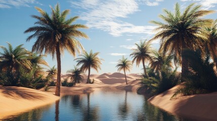 Obraz premium Oasis Serenity: Palm Trees and Tranquil Waters in a Desert Paradise