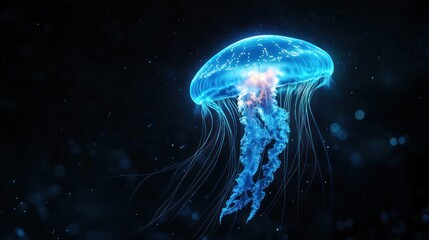 A glowing electric jellyfish floating in a dark ocean.