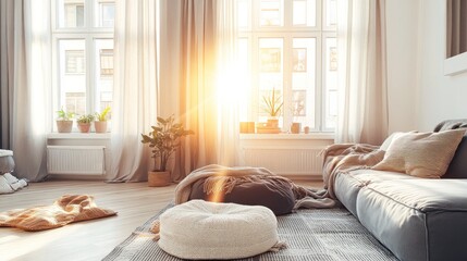 Sunlit Living Room With Comfortable Seating And Plants