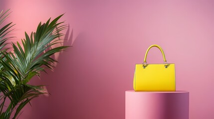 Yellow handbag on pink pedestal with palm leaves.