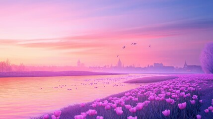 A pastel morning sky softly transitioning to daylight over the tulip fields in Amsterdam, Netherlands