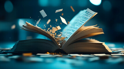 An open book releasing flying pages.