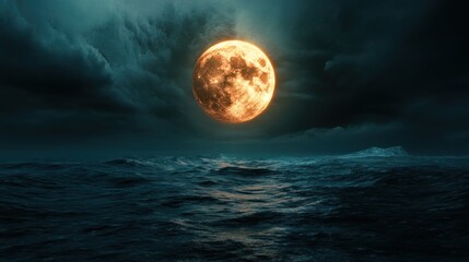 A glowing electric moon hovering above a dark ocean.