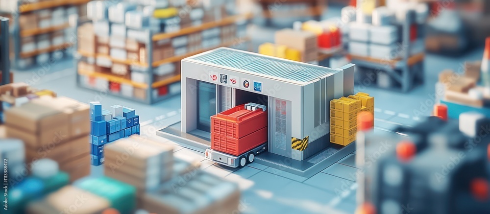 Poster a miniature model of a warehouse with a forklift loading boxes into a building.