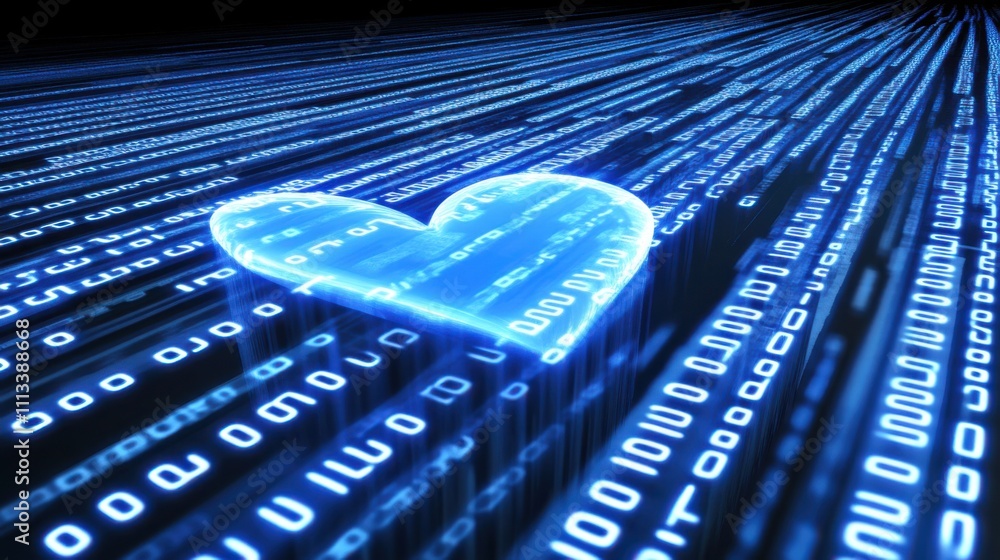 Poster digital heart symbol on matrix background with data streams