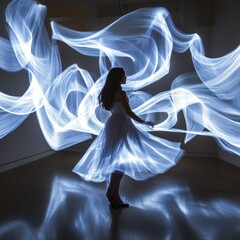 Fototapeta premium Woman in white dress, swirling light trails.