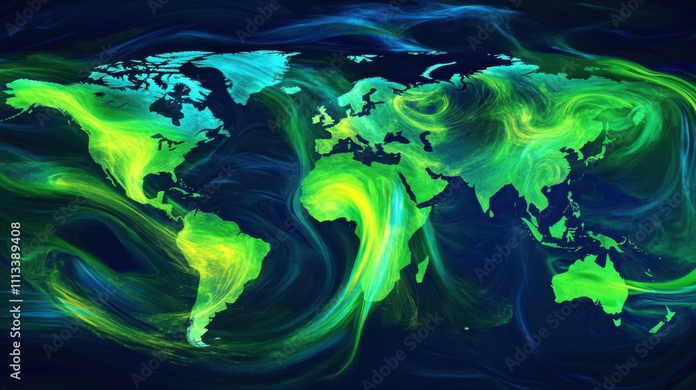 Poster colorful abstract representation of global geography and flow dynamics