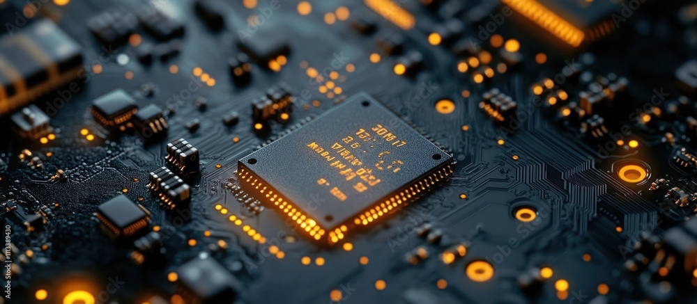 Poster close up of a circuit board with a glowing microchip in the center.