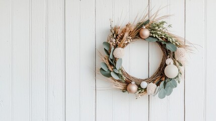 ฺBoho Christmas Minimalist Concept A decorative wreath with natural elements and ornaments on a wooden background.