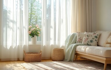 Fototapeta premium Sunlit living room with beige sofa, sheer curtains, roses, and woven baskets.