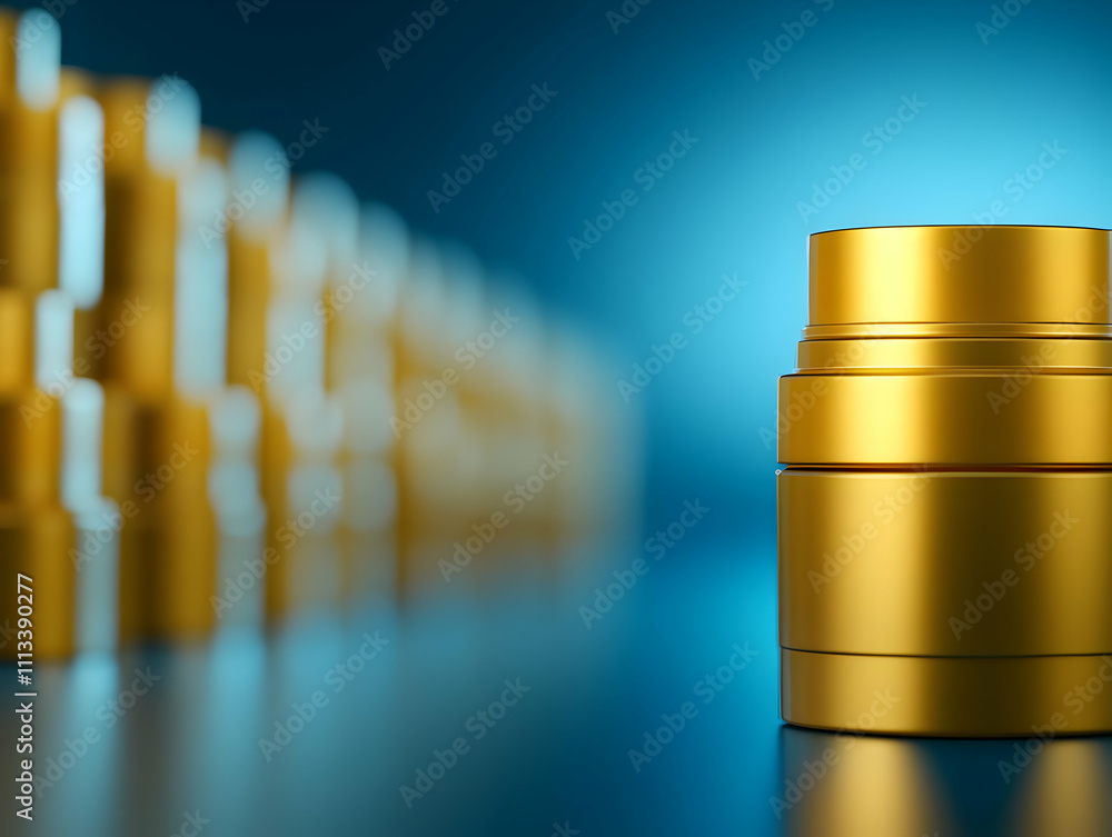 Poster close-up of gold metallic objects on a table.
