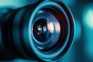 Close-up of a camera lens, showcasing its intricate details and optical elements.