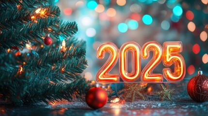 Neon "2025" light sign glowing against a holiday backdrop featuring a Christmas tree, with soft bokeh lights and a joyful atmosphere perfect for New Year celebrations.
