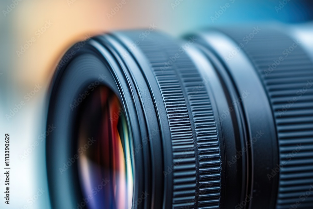 Poster close-up of a camera lens showing intricate details and bokeh.