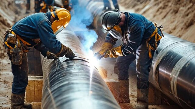 A team of welders working on a massive pipeline project for natural gas, using advanced internal welding techniques to ensure the safety and durability of the pipes