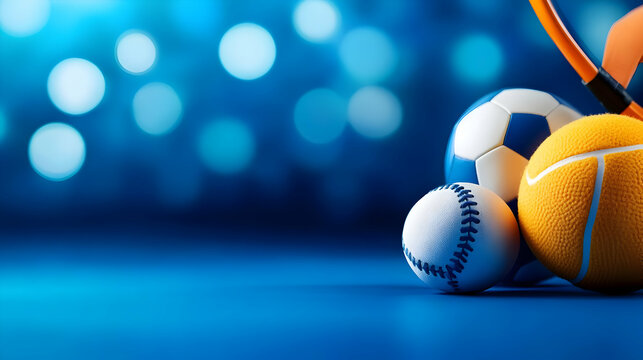 Collection of various sports balls on blue background.