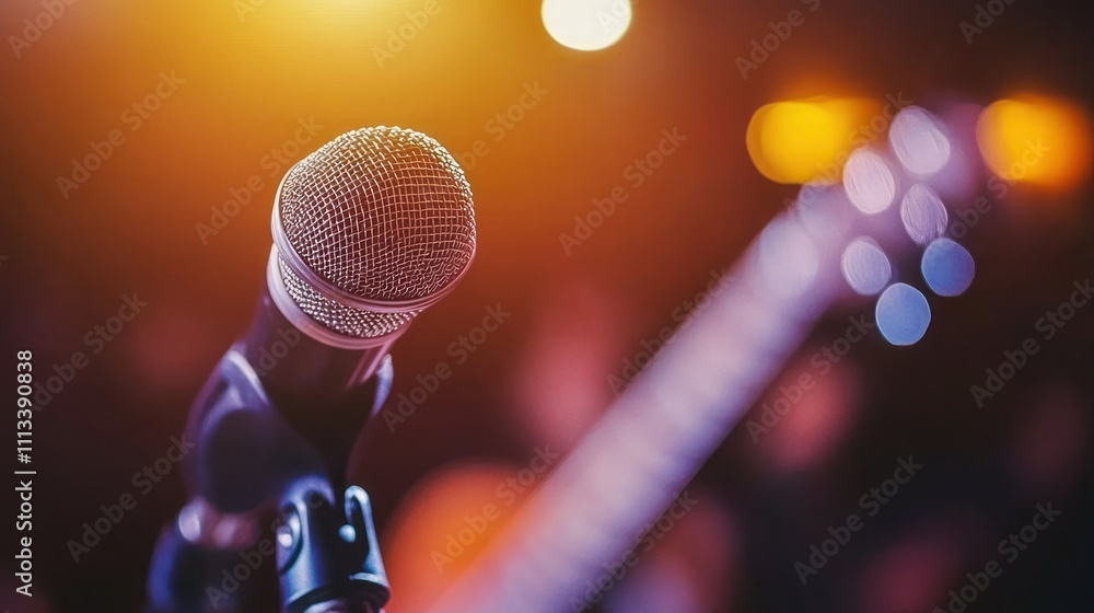 Poster a close-up of a microphone in a performance setting with a blurred guitar in the background.
