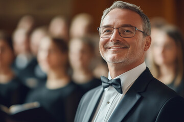 Choir conductor performing with an audience in the background at an evening event