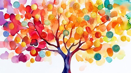 Colorful abstract watercolor painting of a tree with vibrant leaves and fruit.
