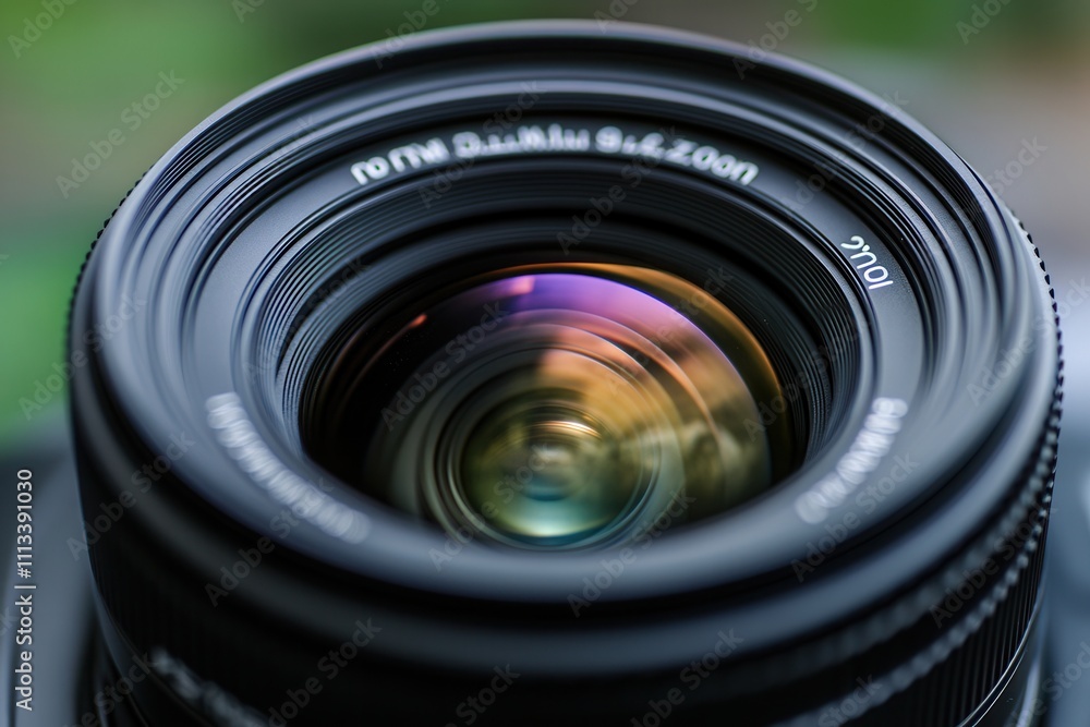 Poster close-up of a camera lens showing its intricate internal structure and colorful reflections.