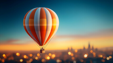 Colorful hot air balloon over a city skyline.