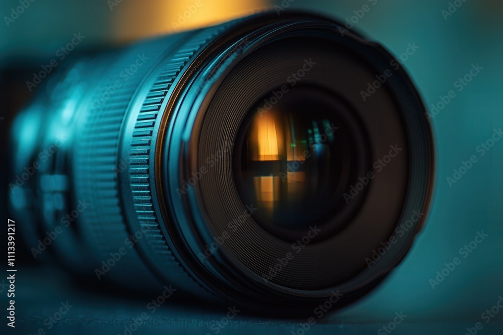 Poster close-up of a camera lens with a shallow depth of field and warm light reflecting in the aperture.