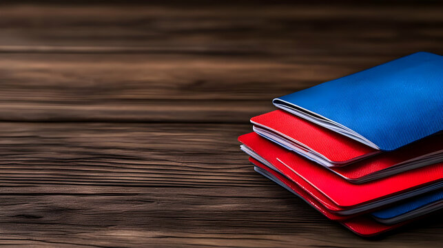 Colorful notebooks stacked on a wooden surface.