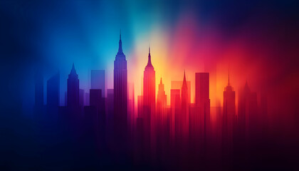 Colorful skyline silhouette at night.